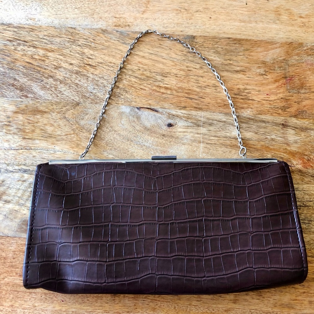 Vintage Faux Croc Embossed Brown Leather Removable Strap Wristlet Clutch Bag